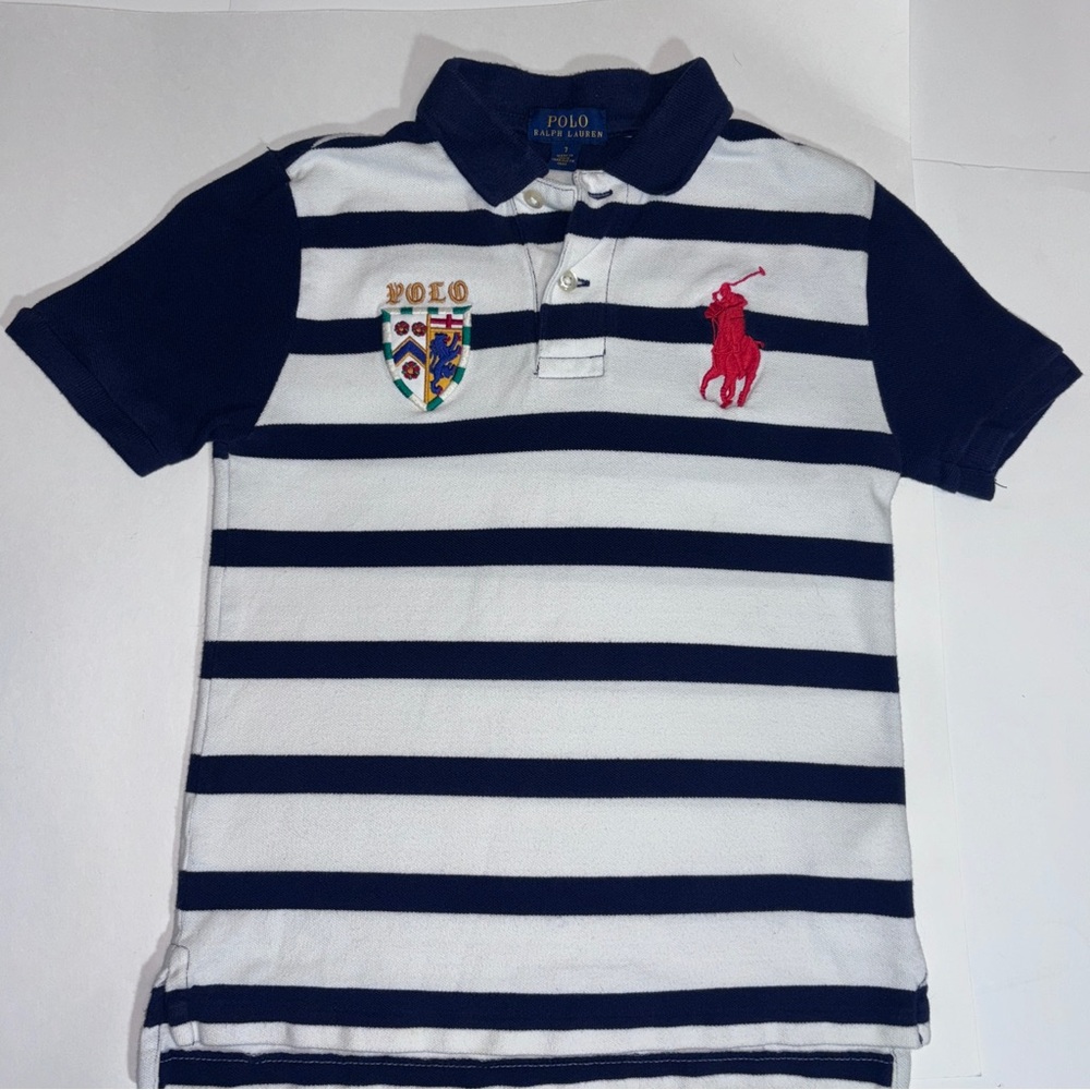 Polo Ralph Lauren Boys Big Pony Crest Polo Shirt Navy & White Stripes, Size 7
